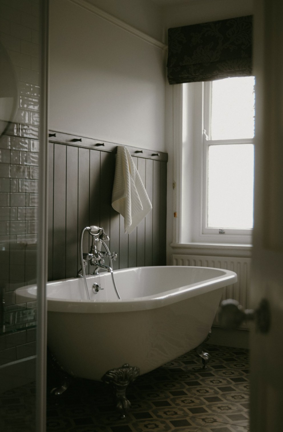 Cotswolds Famhouse Air BnB | Cotswolds Family Bathroom - Freestanding Bath with T+G | Interior Designers